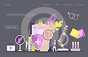 Venereologist landing page. Tiny doctors treat syphilis, gonorrhea, sexually transmitted diseases, infections risk