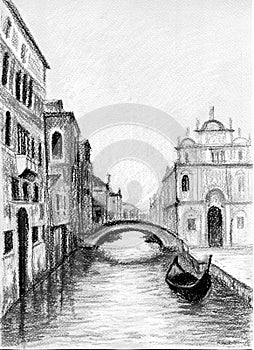 Venetia and gondolas on the channel illustration set