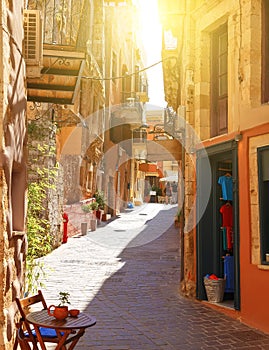 Venetian architecture in narrow stone streets of old town Chania in Crete, Greece