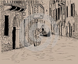 Venetian canal and Unique gondola with tourists among old houses in Venice. Digital Sketch Hand Drawing