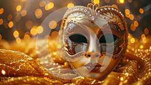 Venetian carnival mask on golden background with bokeh lights