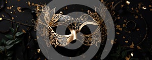 Venetian carnival mask with shiny golden streamers and glitter on black background