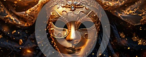 Venetian carnival mask with shiny golden streamers and glitter on black background