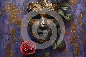 Venetian carnival mask with shiny golden streamers and glitter on dark background. Carnival party concept