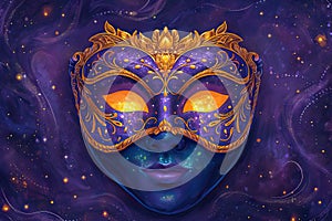 Venetian carnival mask with shiny golden streamers and glitter on dark background. Carnival party concept