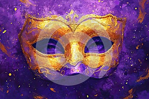 Venetian carnival mask with shiny golden streamers and glitter on dark background. Carnival party concept