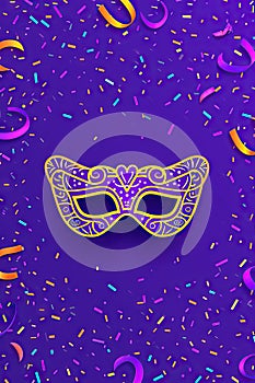 Venetian carnival mask with shiny golden streamers and glitter on dark background. Carnival party concept