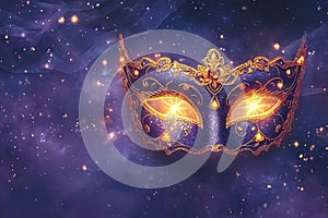 Venetian carnival mask with shiny golden streamers and glitter on dark background. Carnival party concept