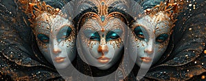 Venetian carnival mask with shiny golden streamers and glitter on dark background. Carnival party concept