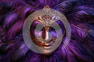 Venetian carnival mask with shiny golden streamers and glitter on dark purple background