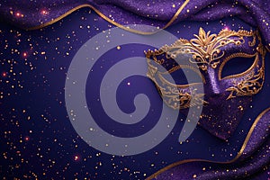 Venetian carnival mask with shiny golden streamers and glitter on dark purple background