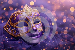 Venetian carnival mask with shiny golden streamers and glitter on dark purple background