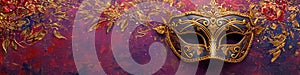 Venetian carnival mask with shiny golden streamers and glitter on dark purple background