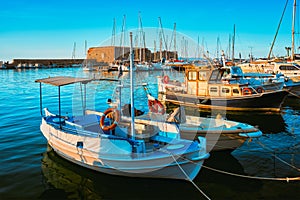 Venetian Fort in Heraklion and moored fishing boats, Crete Island, Greece