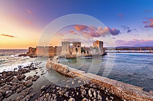 The Venetian Fortress of Methoni at sunset in Peloponnese, Messenia.