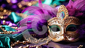 Venetian gold mask with beads and feather decoration in the traditional Mardi Gras colors of purple and green