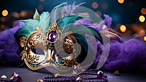 Venetian gold mask with beads and feather decoration in the traditional Mardi Gras colors of purple and green