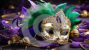 Venetian gold mask with beads and feather decoration in the traditional Mardi Gras colors of purple and green