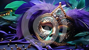 Venetian gold mask with beads and feather decoration in the traditional Mardi Gras colors of purple and green