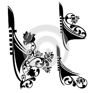 Venetian gondola boat bow among rose flowers black and white vector decor