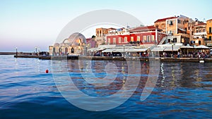 Venetian habour and Turkish Mosque Yiali Tzami of Chania