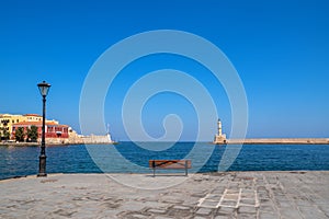 Venetian harbour and lighthouse in Chania. Crete, Greece