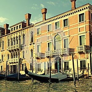 Venetian houses and gondola on the Grand Canal, Venice, Italy.