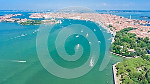 Venetian lagoon and cityscape of Venice city aerial drone view from above, Italy