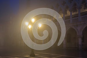 Venetian lamps on the square of St. Mark in the night time.