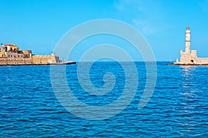 The Venetian lighthouse and rampart of Firkas Fortress, Chania marina, Crete, Greece