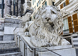 Venetian lion statue beside the Cathedral San Lorenzo in Genoa
