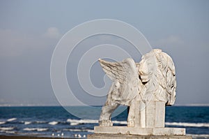 Venetian lion with wings on a beachfront promenade of Larnaca, Cyprus