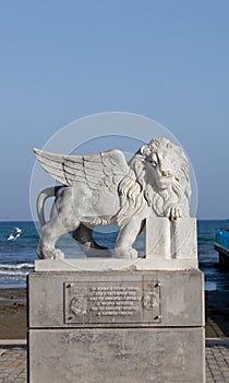 Venetian lion with wings on a beachfront promenade of Larnaca, Cyprus