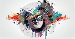 Venetian Mask Carnival Colorful Splash Art Masquerade Mardi Gars Banner on White Backdrop Generative AI Technology