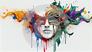 Venetian Mask Carnival Colorful Splash Art Masquerade Mardi Gars Banner on White Backdrop Generative AI Technology