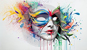 Venetian Mask Carnival Colorful Splash Art Masquerade Mardi Gars Banner on White Backdrop Generative AI Technology