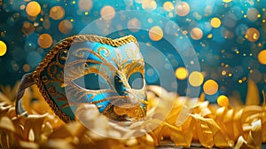 Venetian Mask at Carnival Party on Yellow Satin with Shiny Streamers and Abstract Bokeh Lights