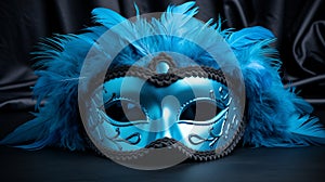 Venetian Mask with Feathers on Blue Background, Ideal for Masquerade and Carnival Themes