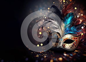 Venetian mask with feathers on light bokeh background, banner. Decor for the Mardi Grad festival. Generative AI.. copy