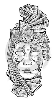 Venetian mask illustration, drawing, engraving, ink, line art, vector