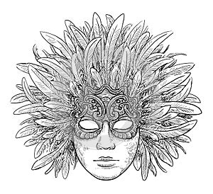 Venetian mask illustration, drawing, engraving, ink, line art, vector