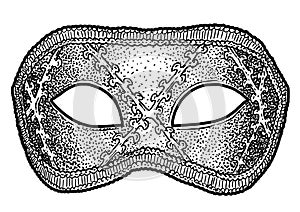 Venetian mask illustration, drawing, engraving, ink, line art, vector