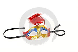 Venetian Mask with Red Feather and Ribbon