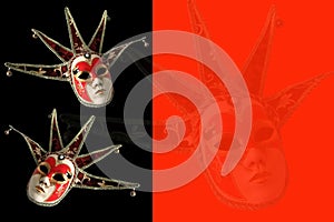 Venetian masks on a black and red background.