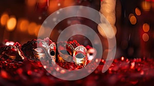 Venetian Masks On Red Glitter With Shiny Streamers On Abstract Defocused Bokeh Lights - Carnival Party. Generative ai