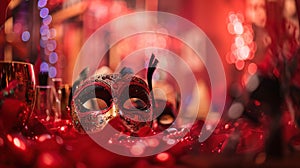 Venetian Masks On Red Glitter With Shiny Streamers On Abstract Defocused Bokeh Lights - Carnival Party. Generative ai
