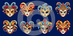 Venetian masks set. Decorative carnival mask, female faces and feathers. Bright festival party elements, home decoration