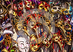 Venetian masks in store display in Venice. Annual carnival in Venice is among the most famous in Europe
