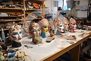 venetian masks in various stages of completion on a workbench