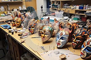 venetian masks in various stages of completion on a workbench